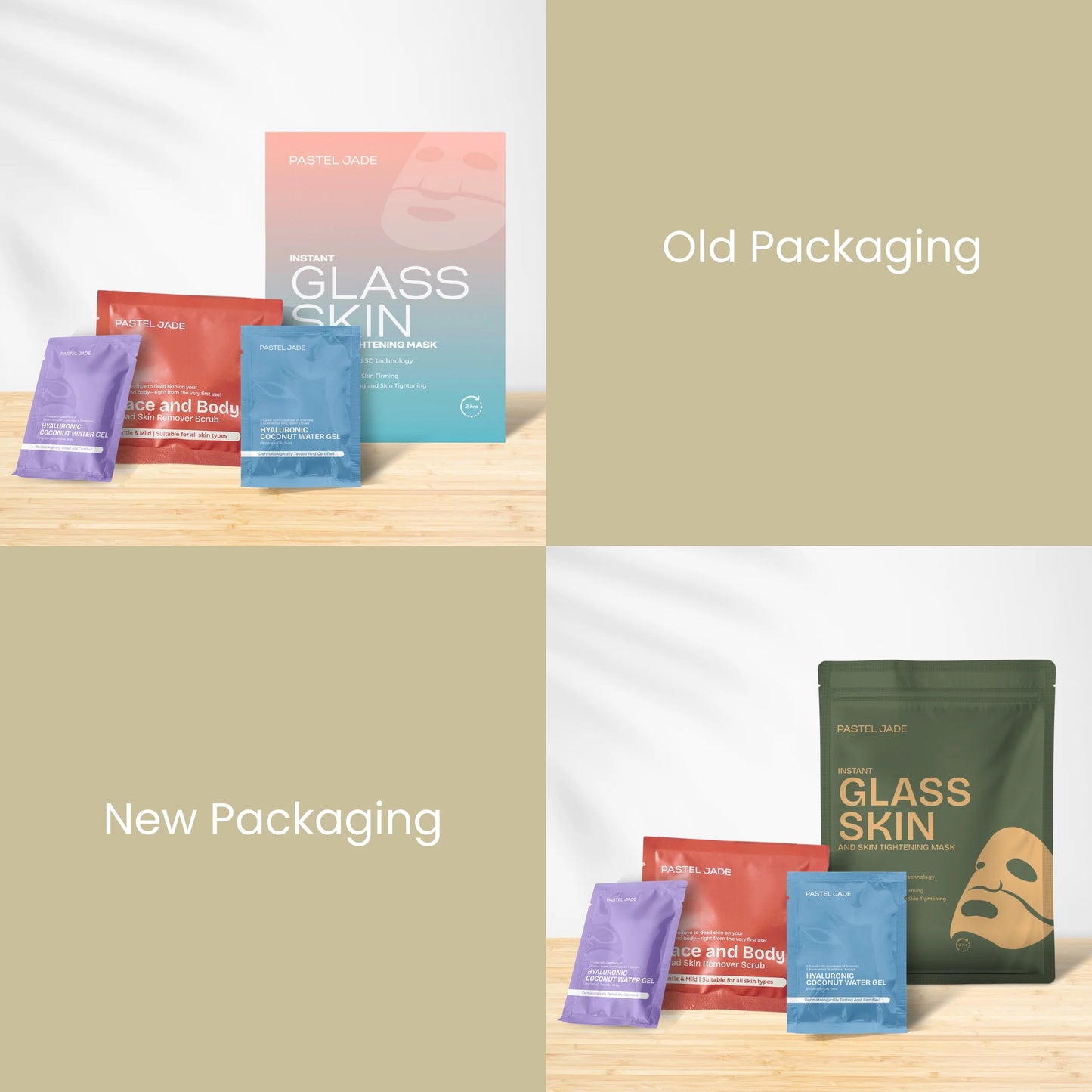 Instant Glass Skin facial kit (1 scrub trial sachet 20 ml, 2 trial gel sachets 6 ml, 1 glass skin mask)