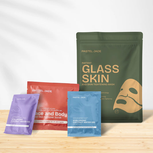 Instant Glass Skin facial kit (1 scrub trial sachet 20 ml, 2 trial gel sachets 6 ml, 1 glass skin mask)